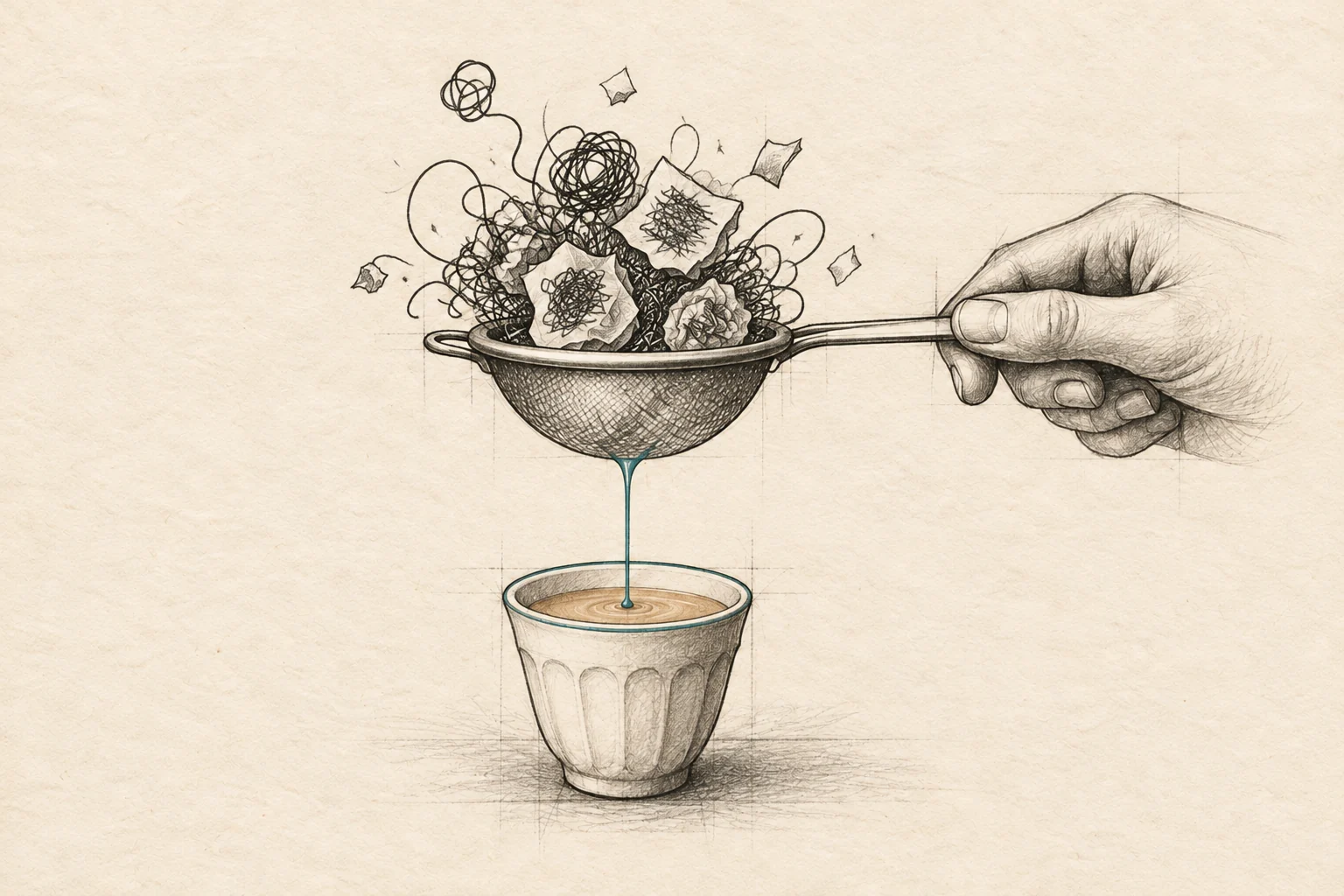 A chai strainer catches tangled notes and lets one clear line pass into the cup.