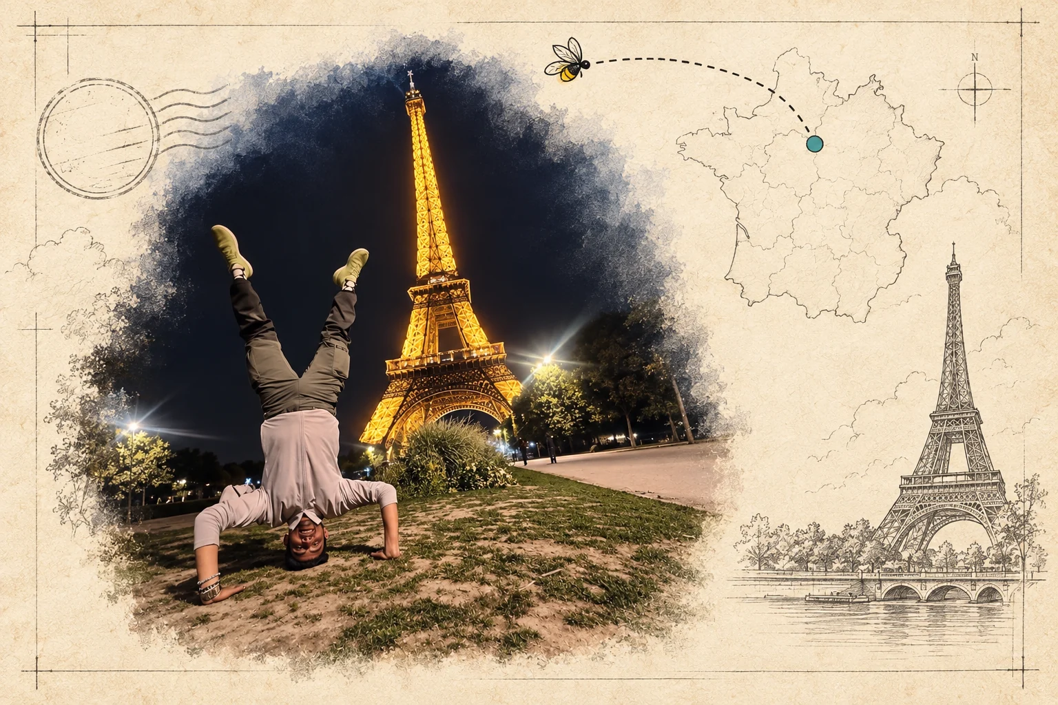 Shashank holds a headstand beside the illuminated Eiffel Tower, framed as an archival travel page with a hand-drawn Paris route.
