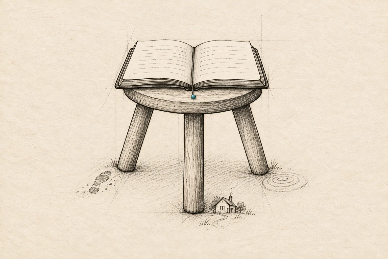 An open notebook rests on a stable three-legged stool, with small cues for travel, home and breath around its feet.